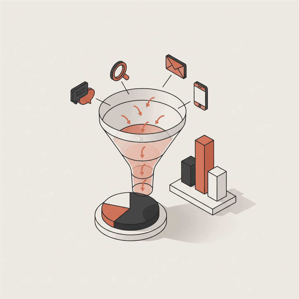 Isometric marketing funnel showing multi-touch attribution channels for student recruitment in U.S. higher education