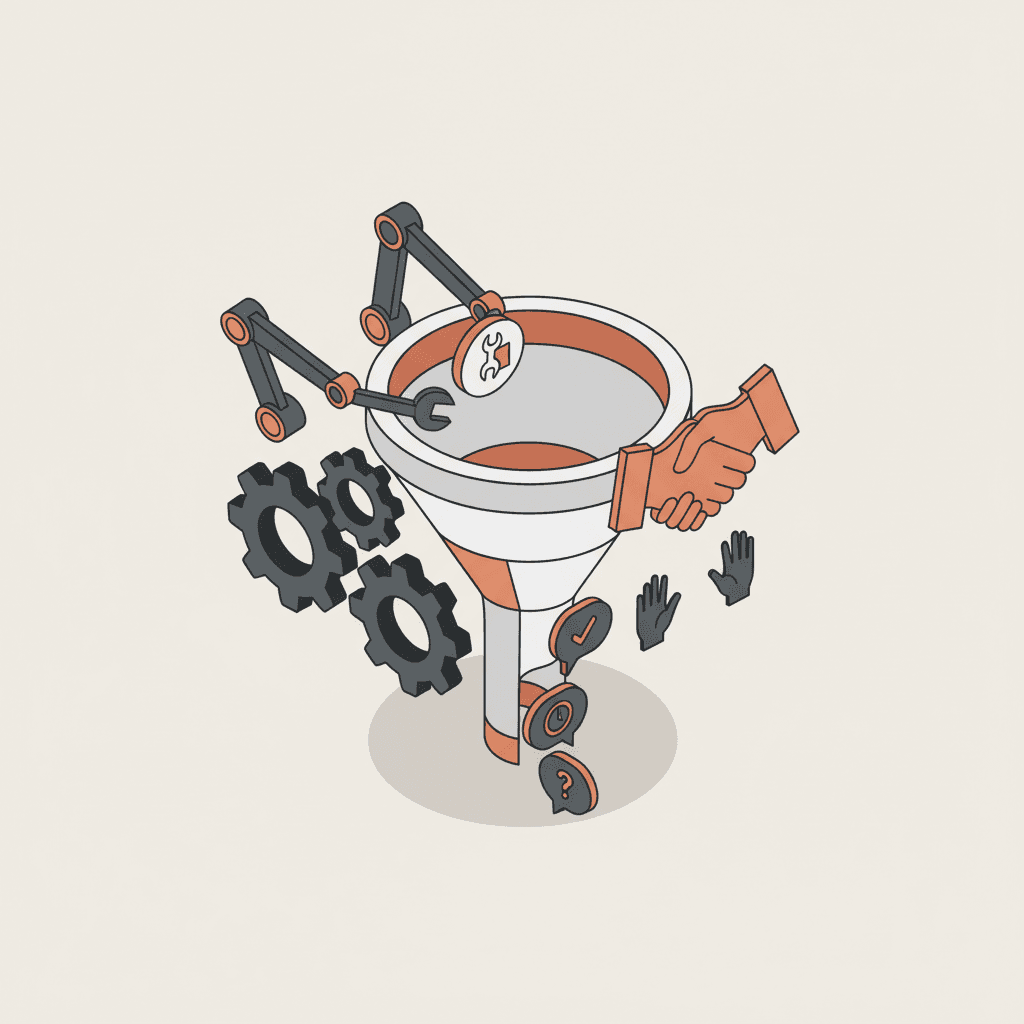 Isometrische Illustration eines automatisierten Studierendengewinnungs-Funnels mit integrierten menschlichen Kontaktpunkten, Terrakotta-Palette