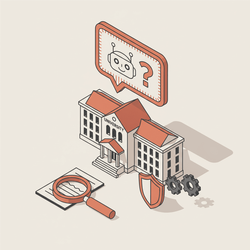 Illustration isométrique — bâtiment universitaire avec bulles IA et icônes ChatGPT, apparaître dans ChatGPT école supérieure