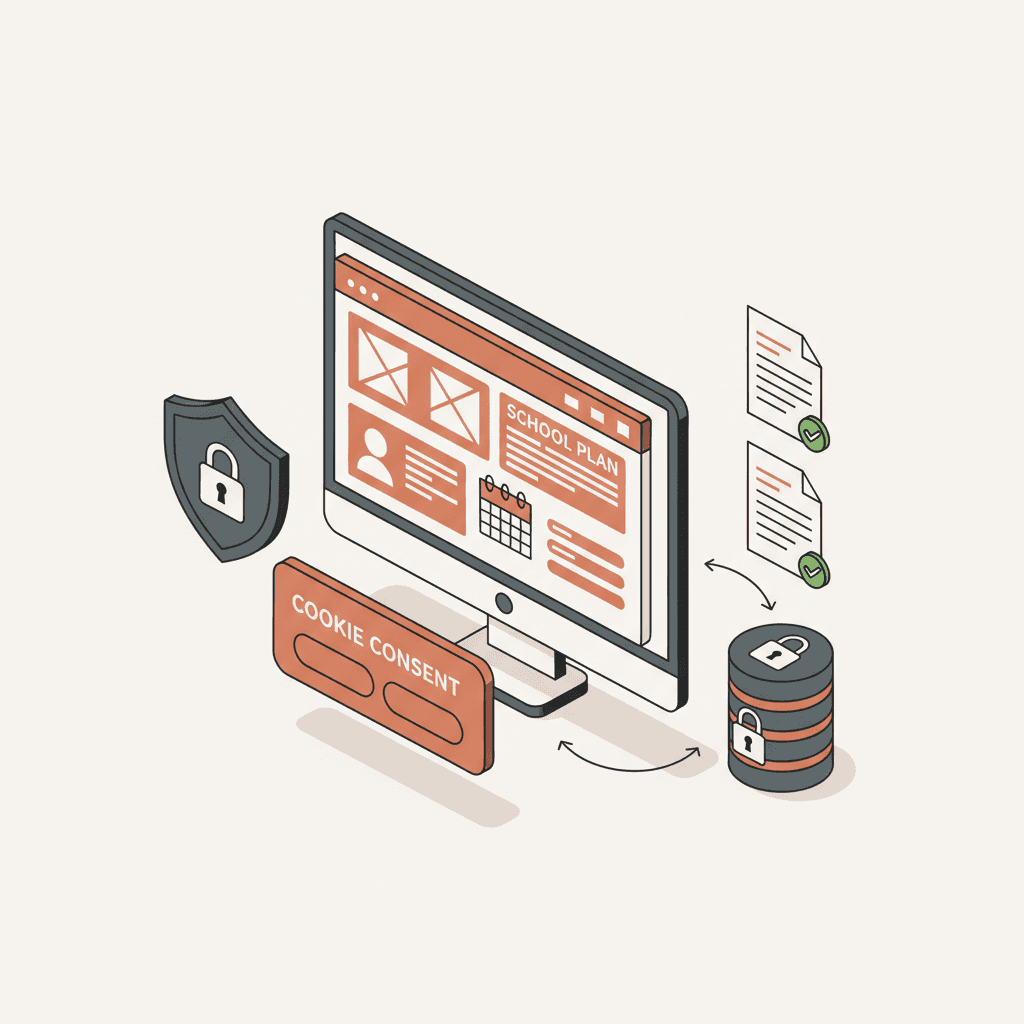 Illustratie van cookie toestemming AVG hogescholen: banner, formulieren en gegevensbescherming op een hogeschoolwebsite