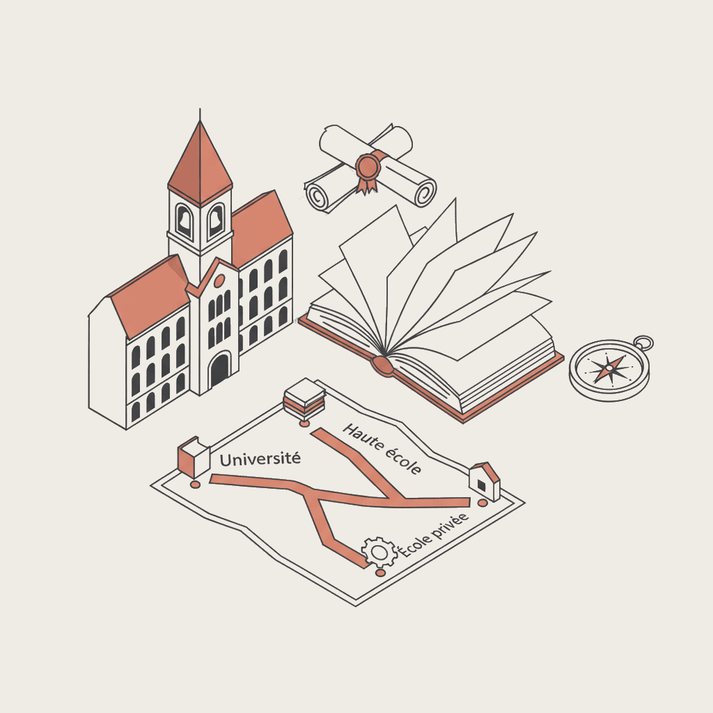 Panorama des institutions d'enseignement supérieur en Suisse avec drapeaux cantonaux en vue isométrique