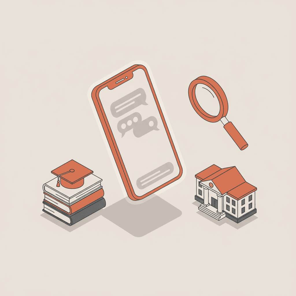 Illustration isométrique montrant un étudiant Gen Z utilisant ChatGPT pour chercher une école — recherche IA générative enseignement supérieur