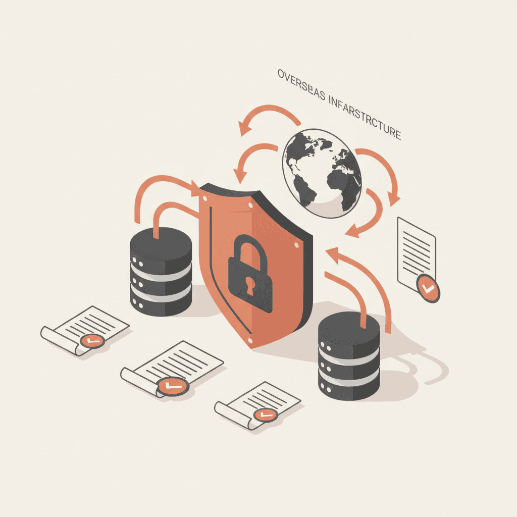 Isometric illustration of data servers with PIPEDA shield and cloud data flows outside Canada