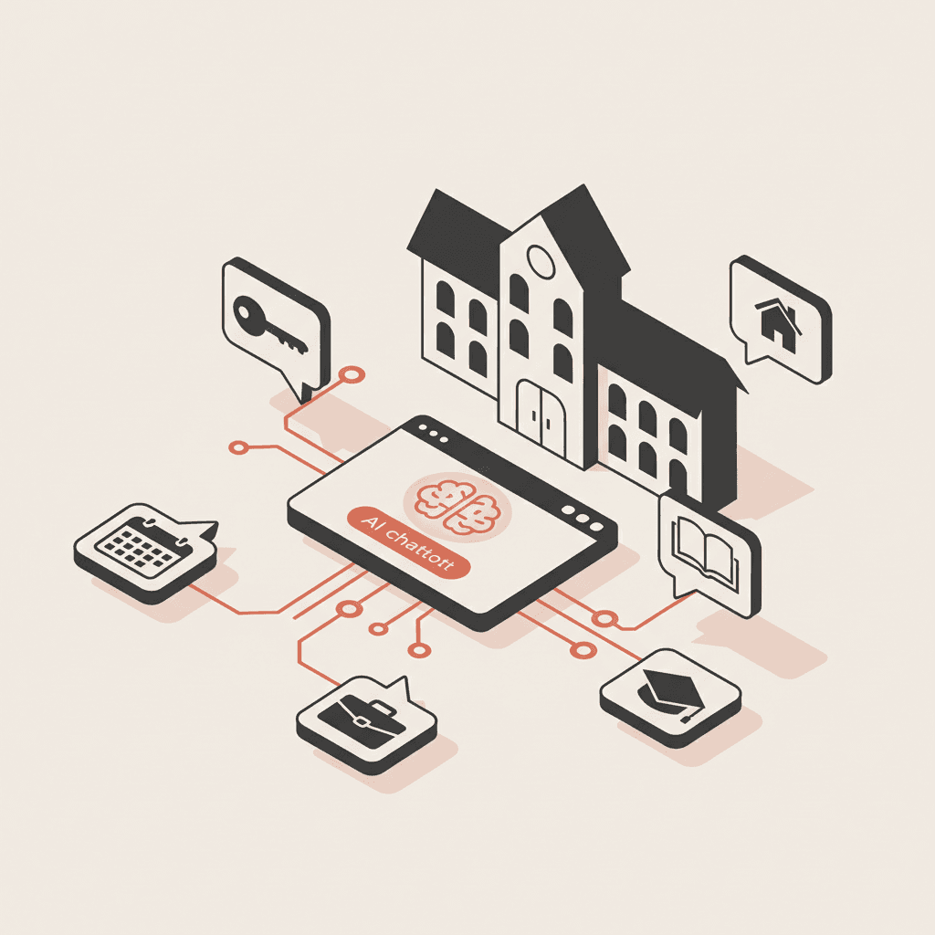 IA conversationnelle école : 5 cas d'usage concrets hors admissions — illustration isométrique