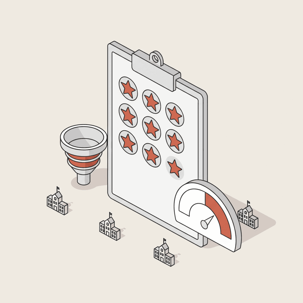 Isometric illustration of an NPS dashboard with satisfaction gauge, admissions funnel and school icons in terracotta colour palette
