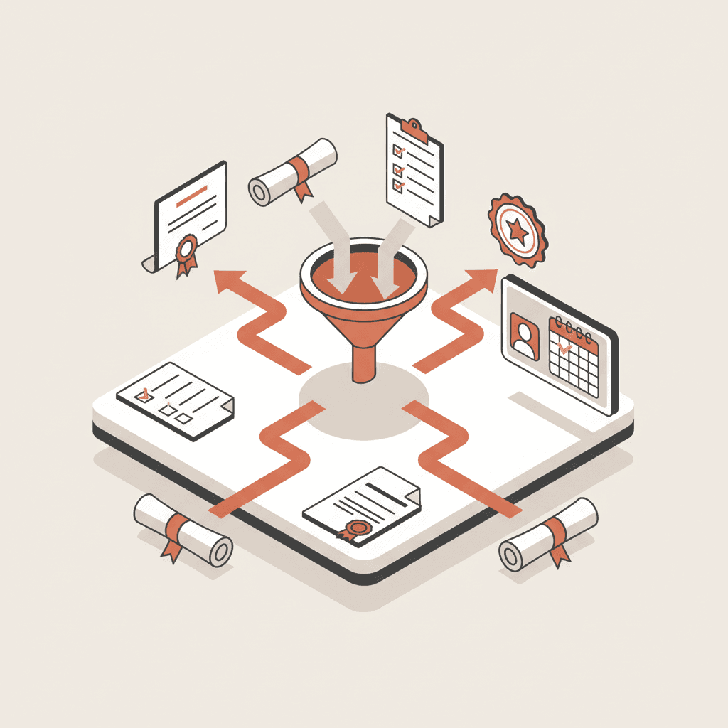 Panel de admisiones universitarias 2027 en vista isométrica para escuelas privadas españolas