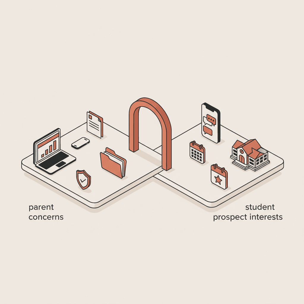 Isometric illustration of two parallel journeys for parents and student prospects converging at a college campus