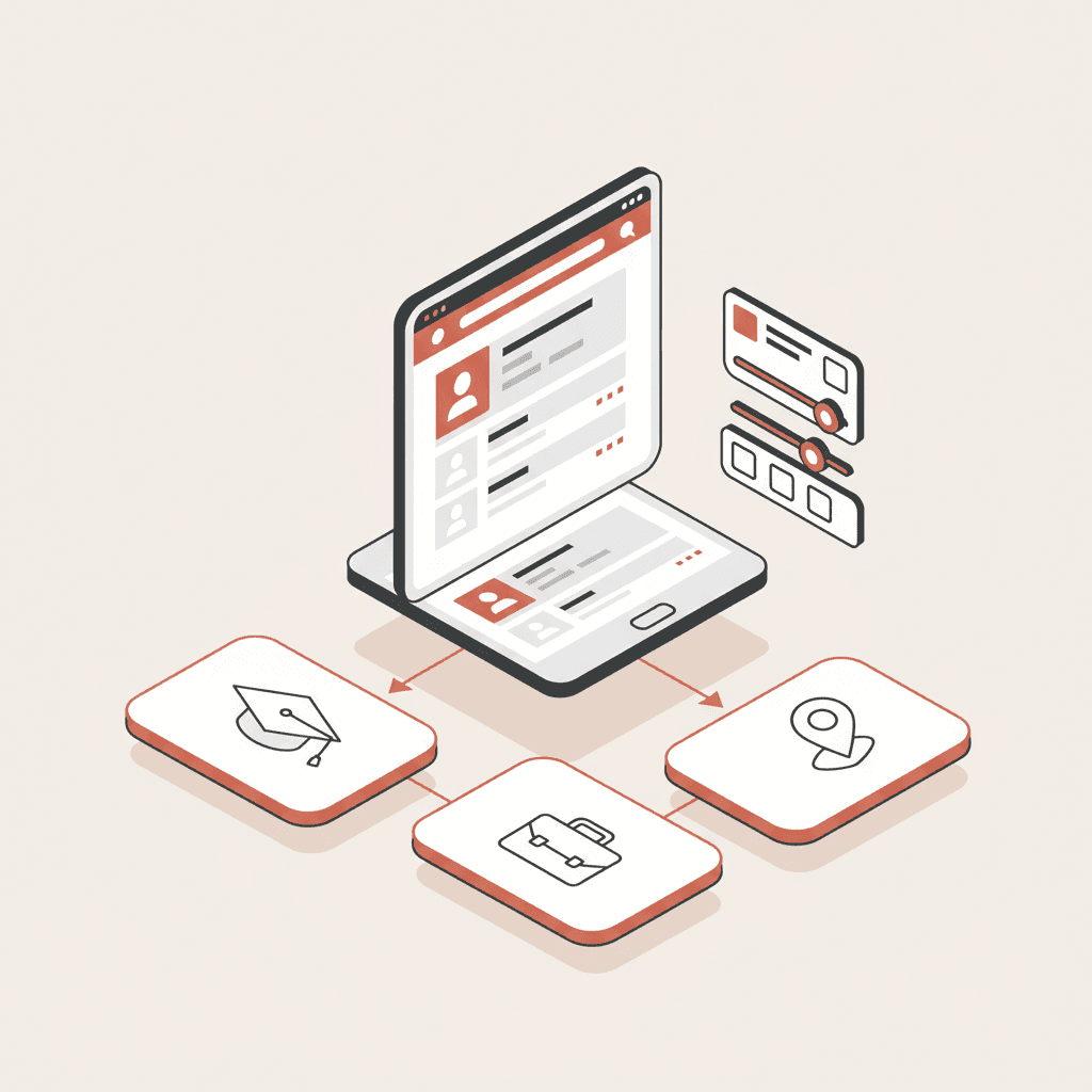 Illustration isométrique montrant des profils d'étudiants distincts accédant à un contenu personnalisé sur le site d'une école
