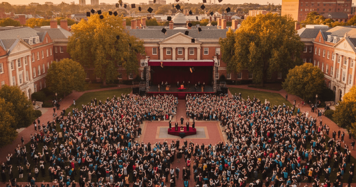 Cérémonie de remise de diplômes universitaire en plein air, lumière dorée et toques lancées