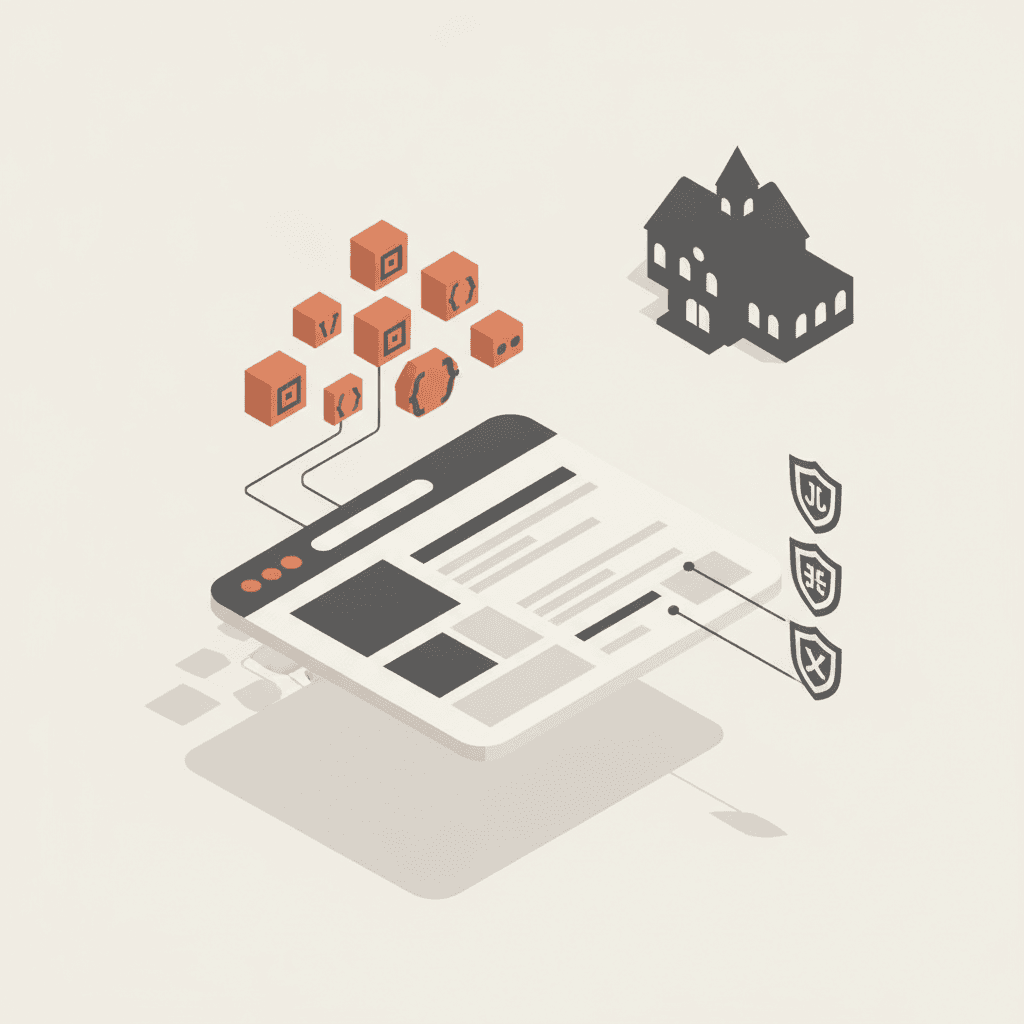 Illustration isométrique d'une page programme d'école avec des balises Schema.org JSON-LD flottant au-dessus — visibilité IA