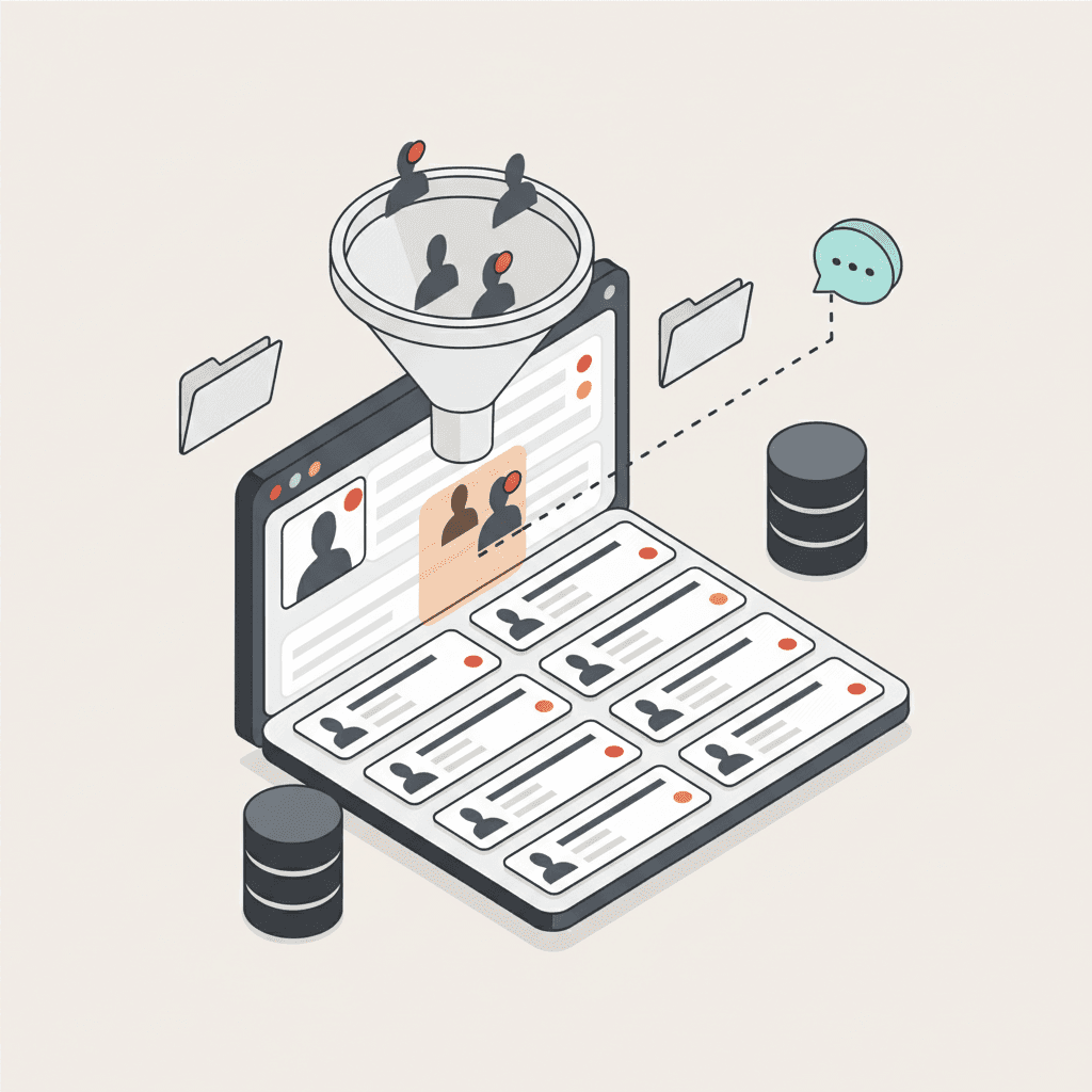 Ilustração isométrica lead scoring painel de recrutamento estudantil, CRM priorização candidatos escola