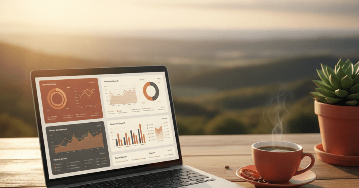 Laptop displaying an analytics dashboard with conversion charts on a wooden desk