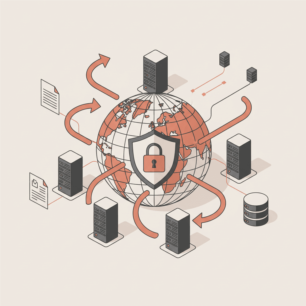 Isometric globe showing data flows between the US and international markets, FERPA and GDPR compliance framework for international schools