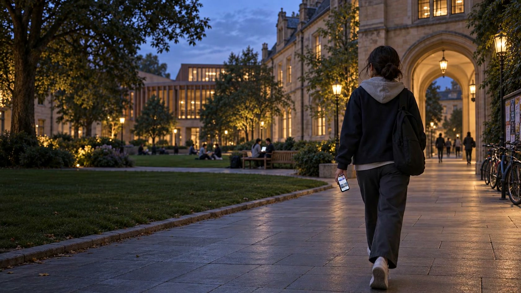 Maya walks through a leafy university courtyard towards an academic archway, holding her phone.